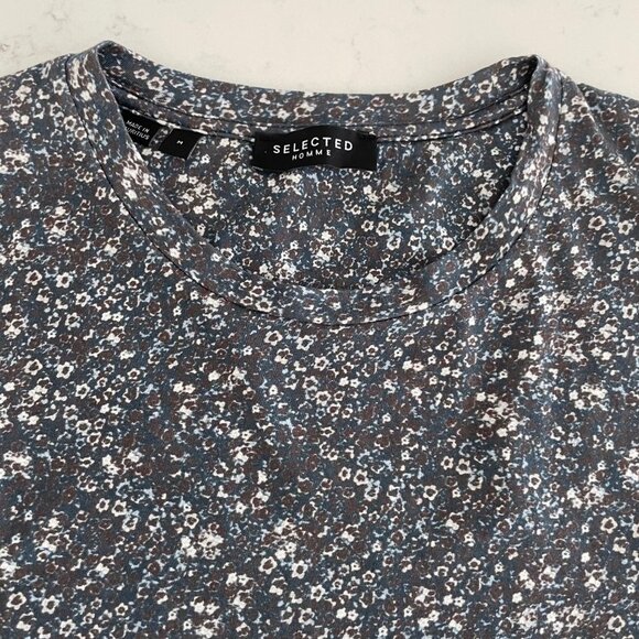 Selected Homme SLHALEX Small Flowers SS Crew Nk T Shirt Blue Wht Brown Sz M NWOT - Picture 4 of 11